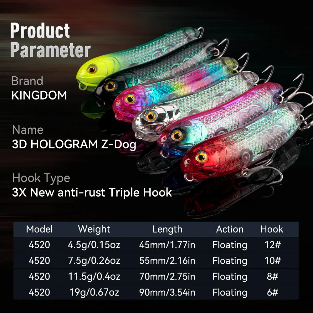Kingdom Topwater Fishing Lure Z-Dog 3D Hologram 4.5g 7.5g 11.5g 19g Artificial Pencil Minnow Floating Hard Baits Surface Lures