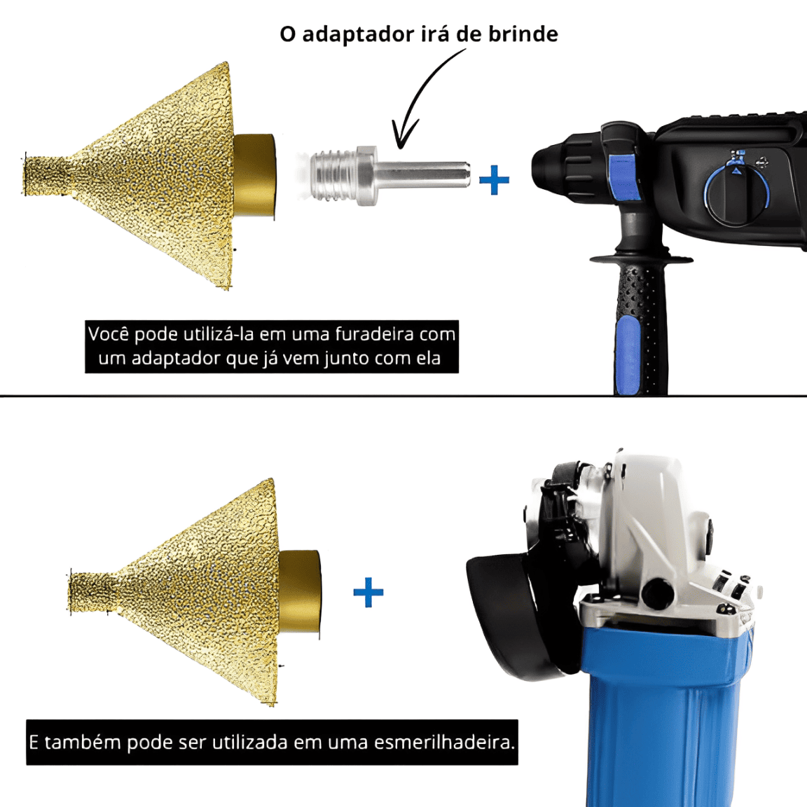 Kit com 2 unidades de broca diamantada para chanfro + adaptador de furadeira de brinde