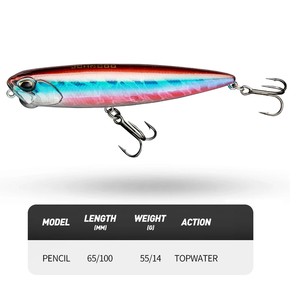 JOHNCOO PENCIL 100mm Topwater Lure 14g Swim Crankbait Whopper Artificial Bait Trolling Bass Pike Lure Walk 3D Eye