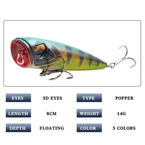 1pc  Popper Fishing Lure 8cm 14g Hard Bait Artificial Poper Topwater Bass Trout Pike Fishing Crankbait Crank Wobbler